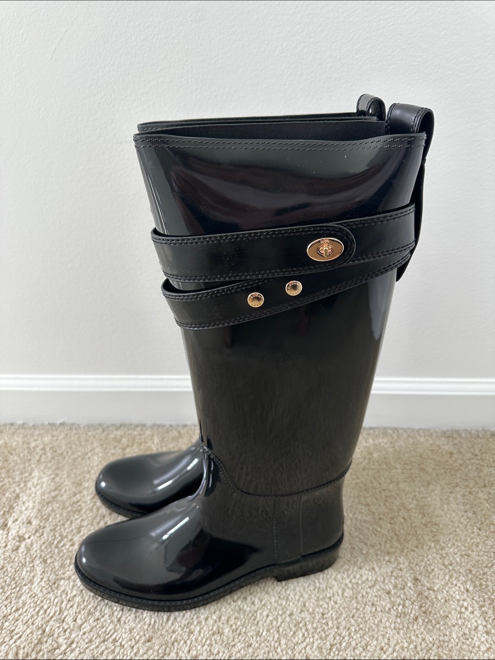 Coach Patent Black Knee-High Rain Boots with Gold Accent - Picture 2 of 14